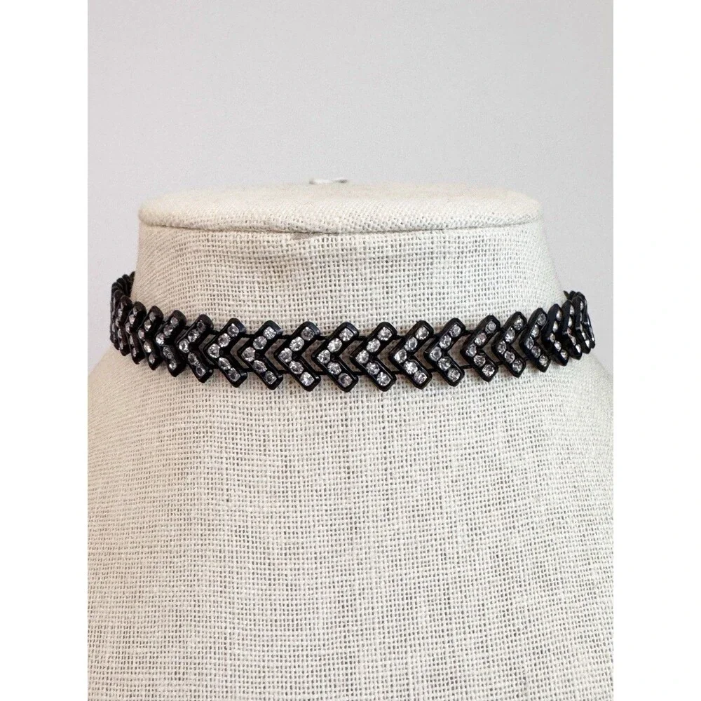 Black Chevron Rhinestone Choker Necklace Goth Steam Punk Dark Jewelry